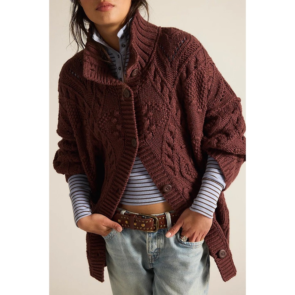 NEW Free People Heart You Cable Knit Cardigan Bittersweet Brown Oversized Small